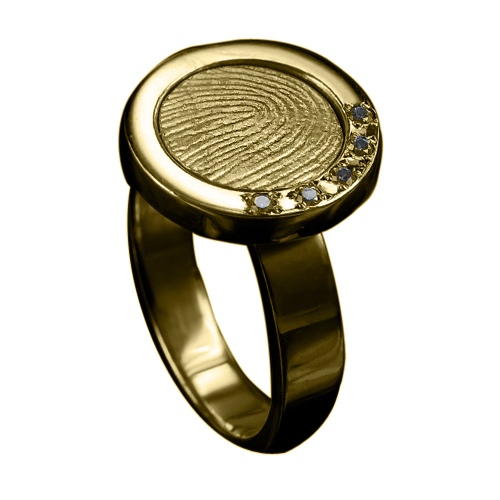 Gouden ring met ronde vingerafdrukplaat met vijf stenen