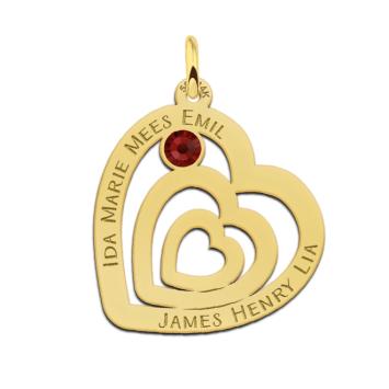 Gouden familie hanger met twee harten en geboortesteen