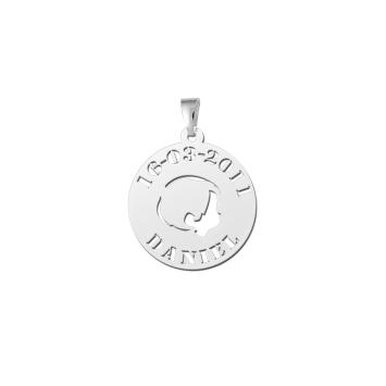 Zilveren babyhanger hoofdje jongen naam en datum Names4ever