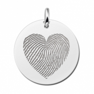Zilveren ronde hanger met vingerafdruk in hartvorm