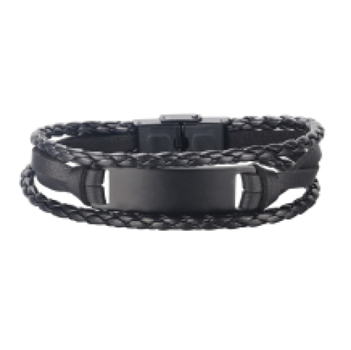 Zwart leren armband met 4 banden en zwarte plaat